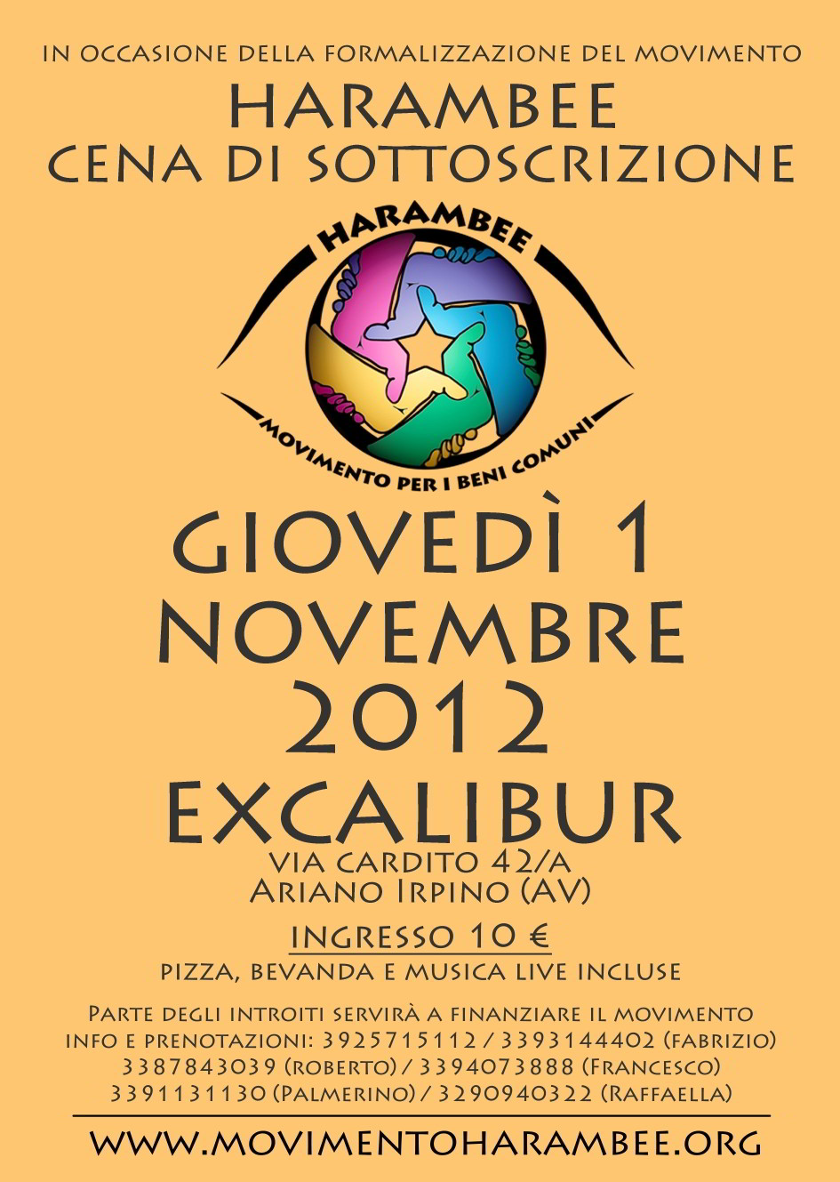 locandina cena harambee sottoscrizione excalibur 1 nov 2012